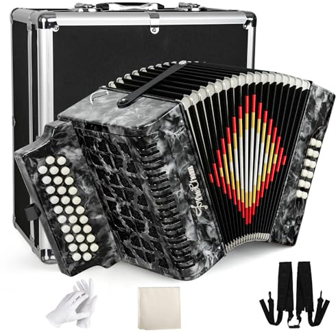 Accordion 31 Keys 12 Bass for Adults - Professional Piano Accordion, Superior Material & Clear Tone - w/Carrying Case, Gloves, Cloth - for Beginners & Professional (Gray)