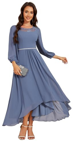 Ever-Pretty Hochzeitskleider für Damen Gast Abendkleid a Linie Chiffon Kleider Elegant Hoch-Tief Midi Staubige Marine 44