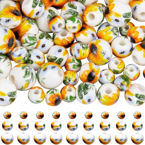 SOFPLATE 1 Box 100 Stück Keramik Blumenperlen Runde Keramikperlen Gelbe Sonnenblume Porzellan 6mm 8mm 10mm Kleine Sommerliche Blumen Abstandshalter Lose Perle Zur Schmuckherstellung Halsketten Armb