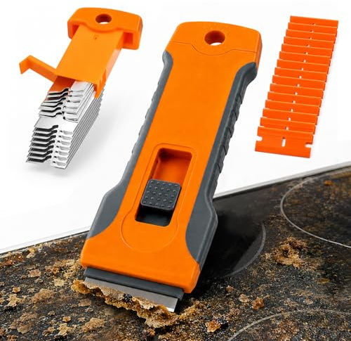 Wosyoodo Rasqueta Vitrocerámica, 15 Cuchillas de Carbono + 15 Plástico, Rascador 2 en 1 con Mango Ergonómico, Limpia sin Raya para vitrocerámica, Horno, Cristal, Color Naranja