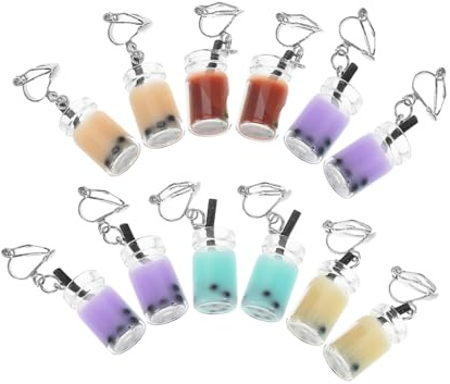 GALPADA 6 Pairs Creative Plastic Milk Tea Shaped Pearl Dangle Earrings Ear Clips Pearl for Party and Work Occasions Charming Trendy Ear Jewelry Random Color