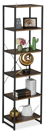 Relaxdays Estantería, 180 x 50 x 35 cm, 6 Baldas Abiertas, Librería Auxiliar para Salón, Cocina, Pasillo, Negro/Marrón