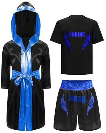TiaoBug Costume da Allenamento da Pugile Bambino Ragazzo Completo da Boxe Muay Thai MMA Kick Boxing Cappotto da Pugile con Cappuccio + Maglia Sportiva + Pantaloncini Nero&Blu 15-16 anni