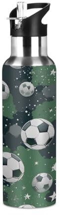 Mexpekil Borraccia termica verde da calcio da 600 ml, in acciaio inox, con cannuccia, a prova di perdite, per bambini e adulti