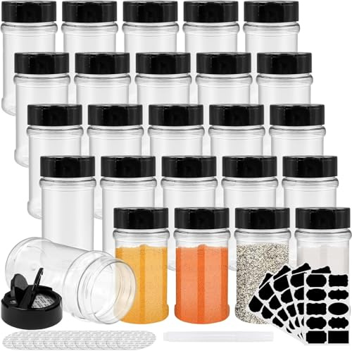 25 Pcs 207ml Plastic Spice Jars with Shaker Lids Clear Spice Bottles Plastic Seasoning Containers with Labels and Pen Empty Spice Shaker for Kitchen Storing Herbs Seasoning Powders Pepper Dry Goods