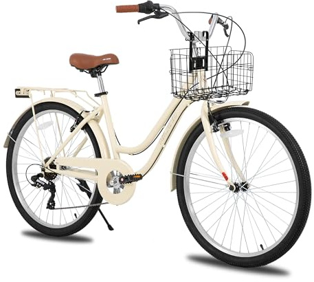 HILAND 26 Zoll Beach Cruiser Bike für Männer und Frauen, Step-Through Rahmen Cityräder für Erwachsene mit Gepäckträger und Korb, Herren und Damen 7 Gang Pendler Stadtfahrrad, Beige