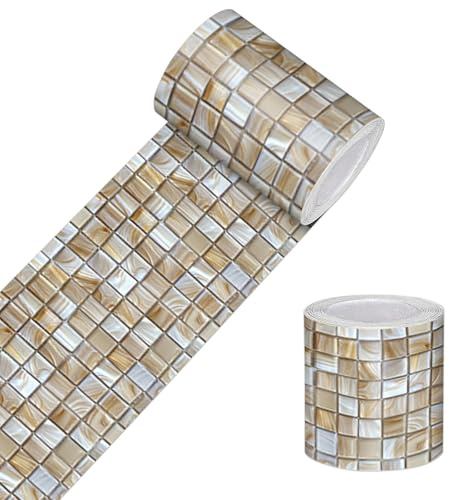 HOMETITUTE Wallpaper Border Peel and Stick Decorative Wall Trim Self Adhesive Brown Mosaic Weave Accent Strip for Bathroom Kitchen Mirror Frame Backsplash 4x196 Inch Faux Tile Style Design