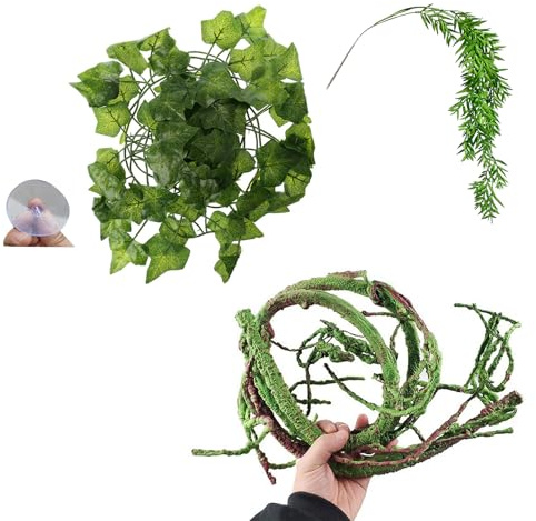 Zqxnt Plante de vigne pour reptiles - Pour décoration d'habitat d'escalade - Branche avec feuilles pour lézards, araignées, cachettes de serpents, lézards grimpants - Fournitures pour reptiles
