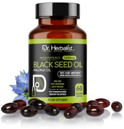 Dr. HERBALIST Black Seed Oil Capsules 1600mg - Nigella Sativa with thymoquinone (TQ) Supports Immune & Respiratory Wellness & Daily Antioxidant Support* Halal 60ct
