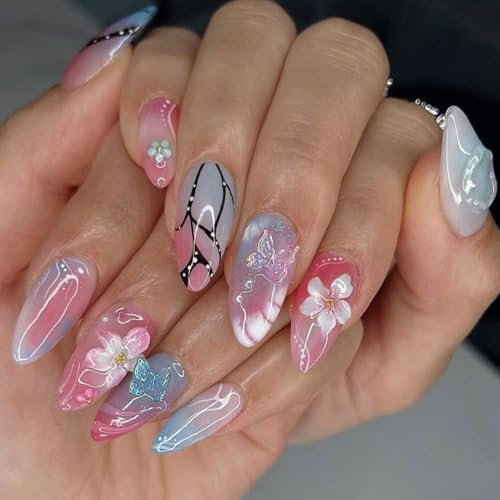 Viugex 24 Pièces Amande Faux Ongles Moyenne, Fleurs et Papillons 3D Ongles à Coller, Français Press on Nails avec Autocollants Adhesif, Réutilisables Acrylique Artificiel Capsules Ongles pour Femmes