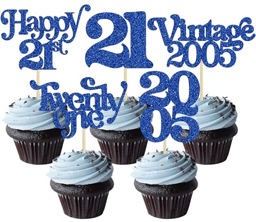 Gyufise 30Pcs 21st Birthday Cupcake Toppers Glitter Twenty-one Vintage 2005 Cheers to 21 Cupcake Picks Hello 21 Years Birthday Cake Decorations for 21st Anniversary Party Supplies Blue