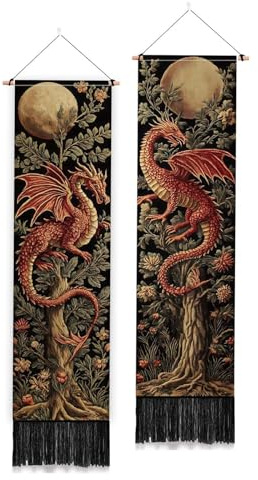 PLIGREAT 2er Pack Ästhetischer Drachen Wandteppich Mittelalterlicher Gewebter Wandbehang Mit Baummotiv Und Quasten Wandteppich Mit Mondblättern Für Schlafzimmer Wohnzimmer Heimdekor