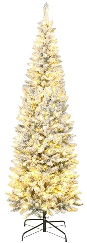 HOMCOM Árbol de Navidad Estrecho 210 cm, Árbol de Navidad Nevado con Luces LED Bicolores, 11 Modos de Iluminación, 687 Ramas, Soporte Metálico, Fácil de Montar, Verde