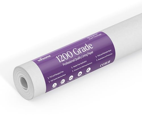 WINSOME Lining Paper for Walls 10m x 53cm Wallpaper for New & Damaged Ceiling & Walls for Paint Easy to Install & Remove Heavy Duty Paintable Plain White Lining Paper | 10M Roll (1200 Grade)