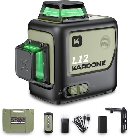Kardone - Niveau Laser L12-360° auto nivelant 3 lignes vertes outil professionnel, batterie rechargeable Lithium, accessoires pour chantier et travaux de rénovation