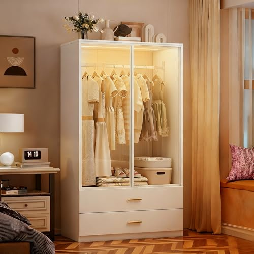 Armoire polyvalente avec éclairage LED, à portes battantes avec 2 portes en verre trempé, armoire en verre avec tringle à vêtements, armoire polyvalente avec 2 tiroirs, armoire polyvalente (blanc-1)
