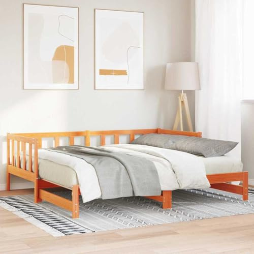 Bucmath Tagesbett mit Ausziehbett, Wachsbraun Massivholz Kiefer, 203,5 x 184 x 66 cm, Plattform Bett für Schlafzimmer, Gästezimmer Möbel