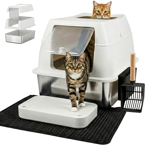Lettiera per gatti XXL in acciaio inox con coperchio – Toilette chiusa a doppia entrata con gradino, paletta e tappetino – Facile da pulire, anti-odore, per gatti grandi - Beige