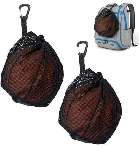 Sacco a Sfera con Rete per 2 Palloni, Zaino a Rete Portatile con Coulisse e Tasca con Cerniera, Moschettone Inclusi per Pallacanestro, Calcio, Pallavolo, Rugby