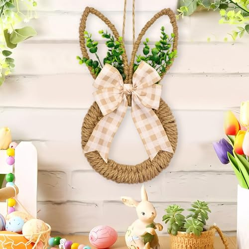 Türkranz Ostern Kranz Deko, Frühlingskranz Haustür Türdeko Osterkranz mit Künstliche Grün Blätter, Schleife, Türkranz Frühling Osterhase Kranz Fensterdeko Hängend Osterkränze für Hochzeit Wohnzimmer