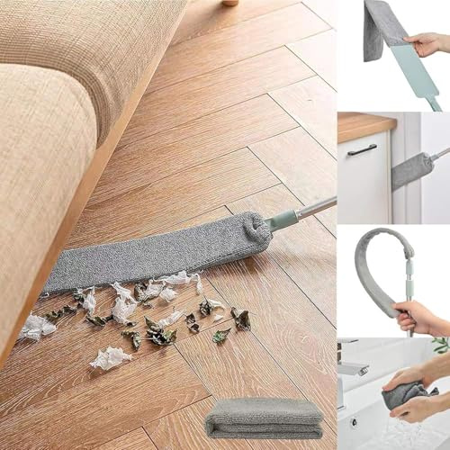 Teleskop Staubwedel Biegbar Waschbar - 2 Abwaschbare Mikrofaser Tücher - Nass&Trocken Staubbürste für Möbelboden Schlafsofa Haushaltslücke (Gray)