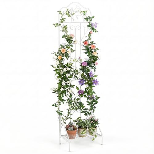 GOPLUS Rankgitter Metall, Rankhilfe mit klappbarem unterem Regal, 190 cm hoch Gartenspaliere für Kletterpflanzen, dekorativer Gartenzaun, freistehende Blumenständer für Garten, Terrasse (Weiß)