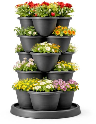 Faboer 5-Tier Stackable Vertical Garden Planter with Base – Vertical Self-Watering Plant Tower Strawberry, Herb & Vegetable Tower for Indoor & Outdoor Use - Grey