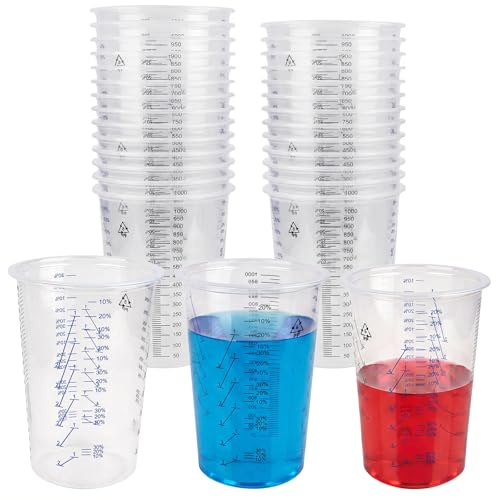 Akamino 30 misurini in plastica, 1000 ml, bicchieri per miscelazione di vernice trasparente con scala a doppia faccia, tazze graduate per liquidi per miscelazione di pigmenti, artigianato, cucina
