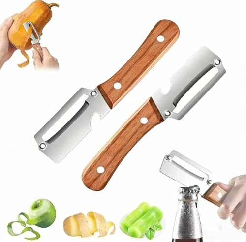 Longgaogao 2PC Multifunktionaler Gemüseschäler,2 In 1 Edelstahl-Gemüseschäler Mit Ultrascharfer Klinge,Sparschäler mit Holzgriff & integriertem Flaschenöffner für Obst, Gemüse & Fleischscheiben