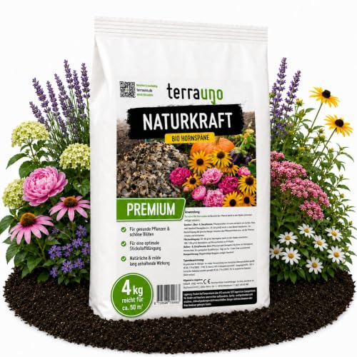 TerraUno Naturkraft Bio Hornspäne 4 kg, Feine Hornspäne, Organischer Pflanzendünger & Stickstoffdünger, Langzeitdünger für den Garten