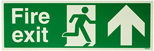 V Safety 14001BJ-G Glow In The Dark Fire Exit Arrow Up Sign - 450mm x 150mm - Rigid Plastic, Green