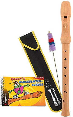 Voggy´s Holzblockflöten-Set Blockflöte Wischer Stofftasche Blockflötenschule für Anfänger und Fortgeschrittene (C-Sopran, Barock, Ahorn, Länge: 32 cm), braun