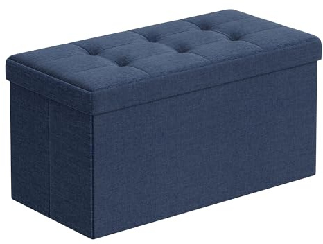 SONGMICS Sitzhocker mit Stauraum, klappbare Sitzbank, 38 x 76 x 38 cm | Fußbank, Aufbewahrungsbox, bis 300 kg belastbar, Mitternachtsblau und Tintenschwarz, MINOTA Kollektion LSF47IN