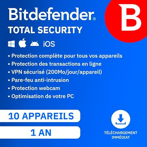 Bitdefender Total Security 2026| 10 Appareils | 1 An | PC/Mac/iOS/Android | Code d’activation par email | Renouvellement Automatique