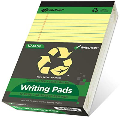 KAISA Yellow Legal Pads 12Pads 600 Sheets Writing Pads Recycled Paper 5x8 Norrow Ruled Lined Paper Small Legal pad Perforated 50 sheets/pad Notepads Writing Tablet Canary For Office Supplies (Canary 12pads)