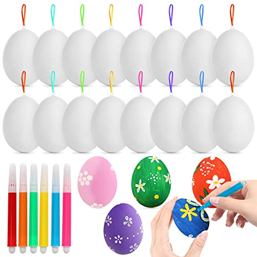 Bluelves 24 Stück Ostereier Plastik, Ostereier zum Bemalen, Ostern Deko Eier, Aufhängen Eier mit Seil Ostern Basteln, Ostern Geschenke zum Aufhängen für Dekoration und Geschenk, mit 6 Farbpinsel