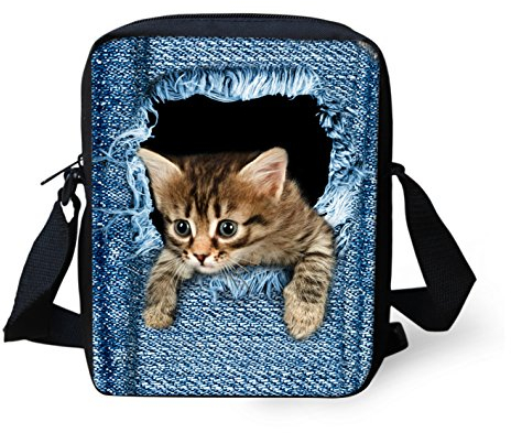Binienty Kinder-Umhängetasche, kleine Umhängetasche, Handtasche, für Reisen, Schule, Wandern, Denim Cat, Einheitsgröße