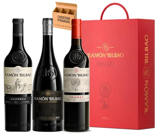 Pack Trío Ramón Bilbao - Vino Regalo - Envío Gratis 24h - Estuche Regalo 3 Botellas de Vino Tinto Crianza | Edición Limitada | Reserva - Cosecha Privada - Trío RB