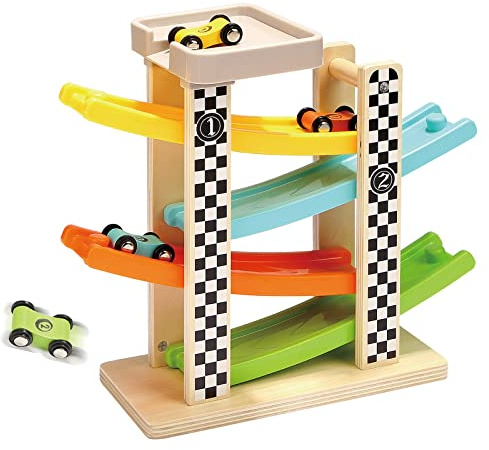 TOP BRIGHT Kugelbahn Autorennbahn Holz mit 4 Fahrzeuge, Auto Rennbahn Kinderspielzeug ab 1 2 Jahre Jungen und Mädchen Geburtstaggeschenke