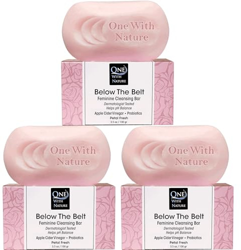 One With Nature Feminine Cleansing Below The Belt Bar, Rose Petal Fresh 3.5oz Bar 3Pack, Dermatologist Tested, Probiotics, Apple Cider Vinegar, Omega Fatty Acids, Oatmeal