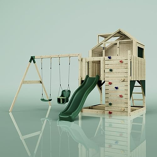 Rebo Spielturm mit Spielhaus inkl. Wellenrutsche, Kinder-Schaukel und Baby-Schaukel | Outdoor Klettergerüst Garten | Kletterwand und Kletterleiter | Stabile Konstruktion