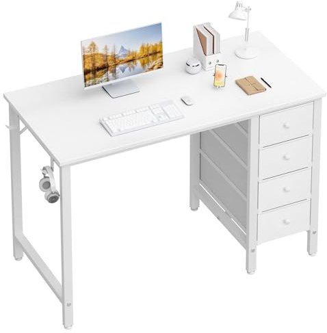 Lufeiya Escritorio Blanco Pequeño con Cajones,Mesa Escritorio de Estudio para Niños y Niñas, Escritorio Oficina Reversible para Espacios pequeños 100X48CM