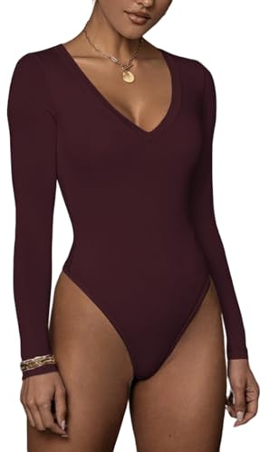 Rongseng Elegant Damer Bodysuit Toppar V-Ringning Smal Dambody Underbody Stringbody Stretch Topp Skjorta för Kvinnor, Vinröd, L