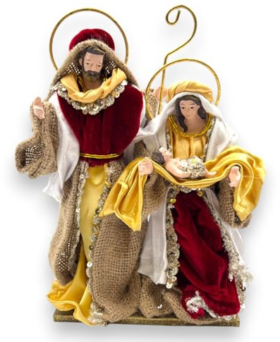 Aurora Store Set Natività Artigianale in Stoffa Tessuto ROSSO e ORO Ricamata a mano Presepe Statuine ALTE LUSSO Sacra Famiglia Idea Regalo Artigianale Personaggi h. 22 cm Giuseppe Maria Gesù bambino