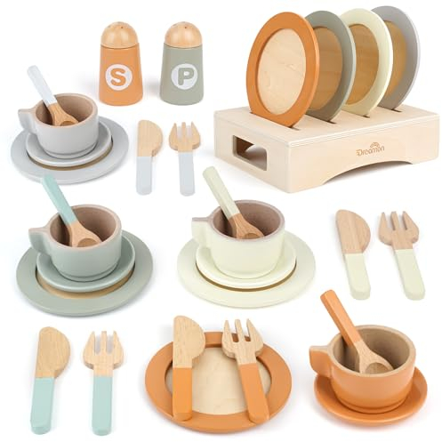 Dreamon Kinderküche Zubehör Teeservice Kinder Holz, 27 PCS Puppengeschirr Kinderküche Spielküche Zubehör Kinder, Grün Grau