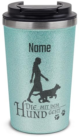 Tassendruck Glitzer To-Go Thermobecher mit Name personalisiert Die mit dem Hund geht Geschenk für Hundebesitzer, Hundemama | Nachhaltig, Edelstahl doppelwandig, inkl. Deckel, Blau, 350 ml