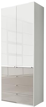 WIEMANN Drehtürenschrank mit 4 Schubkästen hochwertiger Kleiderschrank Schlafzimmerschrank 100cm breit, mit Schubladen, Glas Kieselgrau, Korpus Weiß, Höhe 216cm, Shanghai