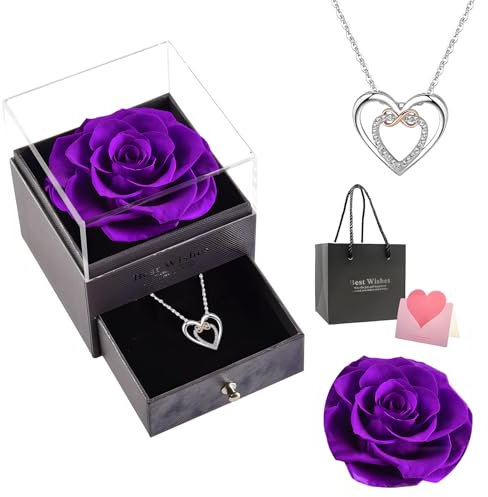 Tomalithic Rosa Eterna - Rosa Eterna con Collar, Eterna Hecha a Mano Flores, Caja de Regalo de Acrílico Transparente, Caja de Flores Violeta con Collar, Regalo para Mamá, Novia, Esposa