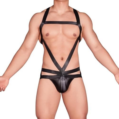 GENEMEN Mens Sexy Body Chest Harness Shoulder Straps Bodysuit Underpants One Piece Jumpsuit G-String Thongs