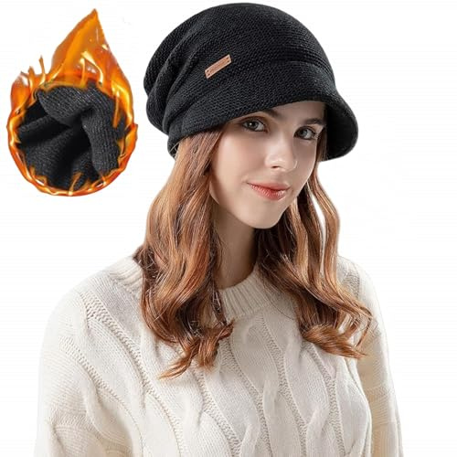 Women Winter Knitted Beanie Hat, Stretch Slouchy Visor Cap, Warm Fleece Lined Brim Skull Cap Soft Elastic Cold Weather Hat Fit 55-60cm Head Circumference for Outdoor Daily Wear